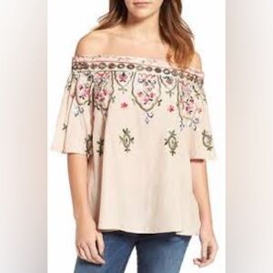 Democracy Floral Embroidered Off-Shoulder Blouse - Boho Hippie Cream Medium